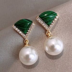 Elegant Green and Gold Pearl Drop Earrings